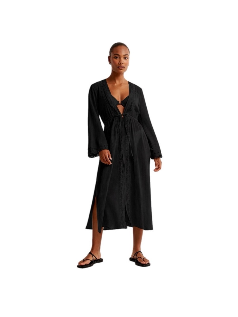 Abercrombie and Fitch Black Long Sleeve Lace-Trim Robe Cover-Up